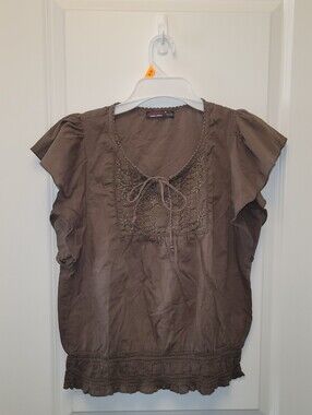 Devoted Boho Embroidered Peasant Top Brown Ruffle Sleeve Y2K Cottagecore